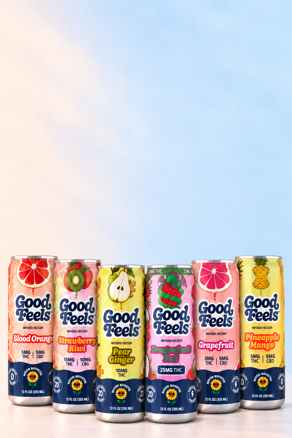 Six Good Feels branded beverage cans lined up against a soft blue gradient background. The cans feature different flavor designs including Blood Orange, Strawberry Kiwi, Peach Ginger, Grapefruit, Pink Grapefruit Mango, and Pineapple.